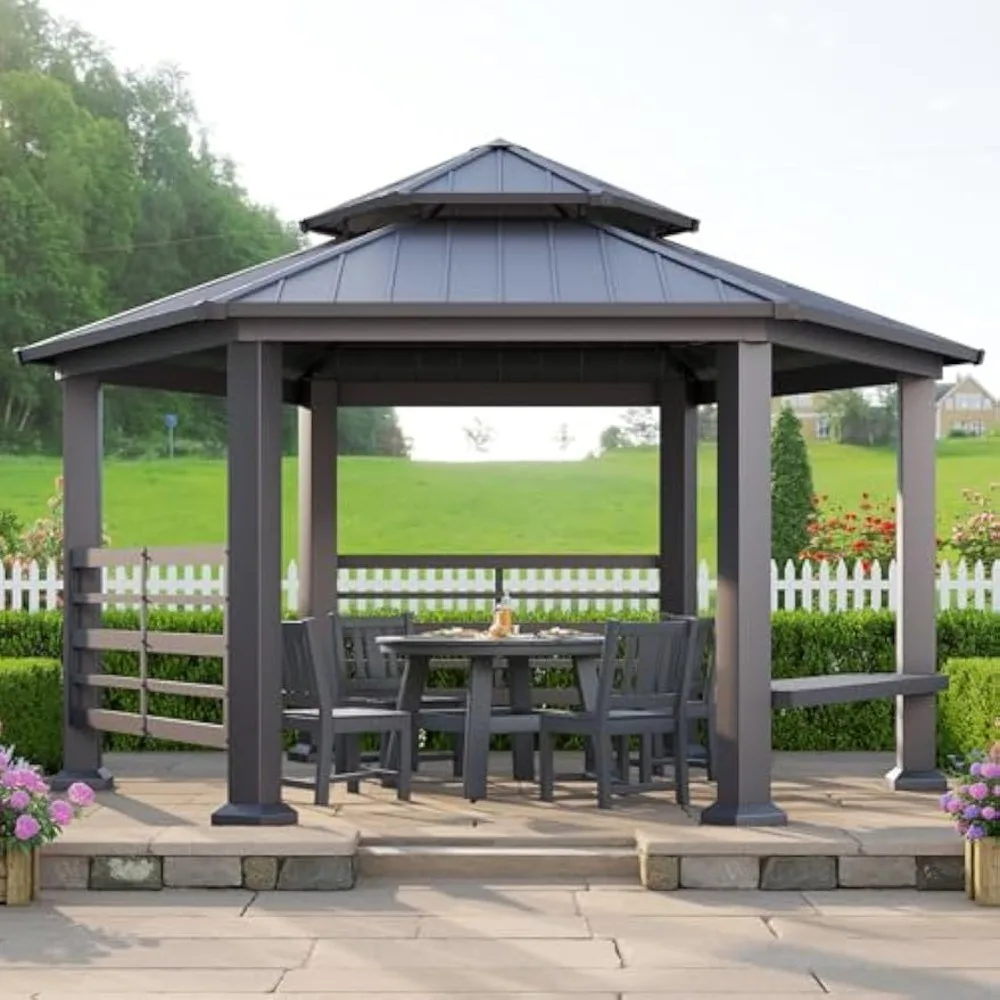 

13X15FT Hardtop Gazebo, Hexagon Metal Patio Gazebo, Double Tiered Patio Pavilion with Aluminum Foot, Dual Rails, Ceiling Hook a