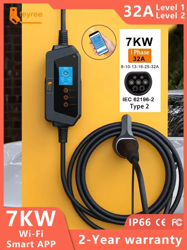 Feyree Ladestation für Elektrofahrzeuge, tragbar, 32A, 7KW, EV-Ladegerät Typ 2, schnelle Steuerung durch Einstellung von Stromstärke und Ladezeit, APP, Wi-Fi