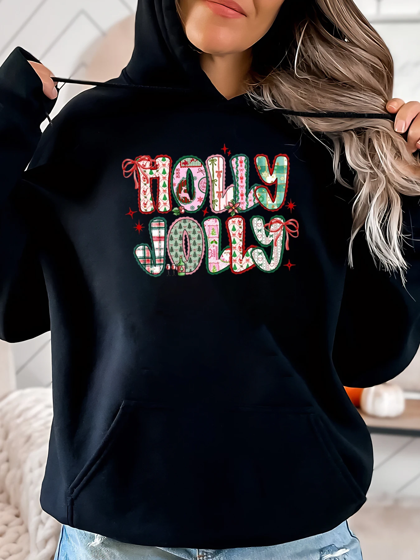 

Толстовка с рождественским принтом Holly Jolly, женская праздничная вечеринка, повседневная одежда, черная, больших размеров