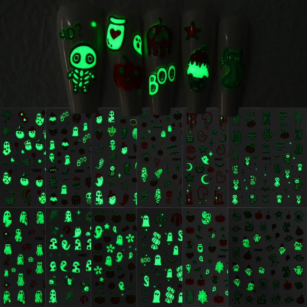 

6/12Pcs Halloween Luminous Nail Stickers 3D Cute Cartoon Pumpkin Ghost Spider Bat Adhesive Nail Decals Glow In The Dark Nail Dec