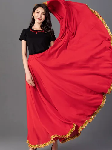 Imagen 1 del producto Falda de gasa de cintura alta con ribete dorado – Falda de actuación de danza clásica fluida para ropa de línea de lentejuelas de escenario y ensayo