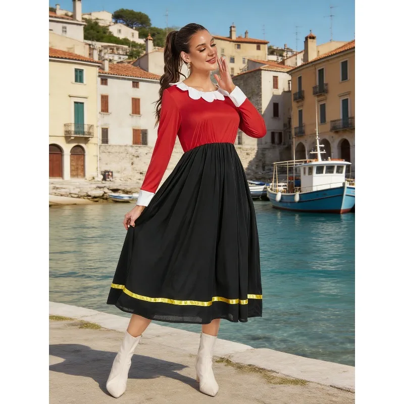 Adult cosplay costumes, anime Popeye character red and black long dress, Halloween cosplay female fancy dress