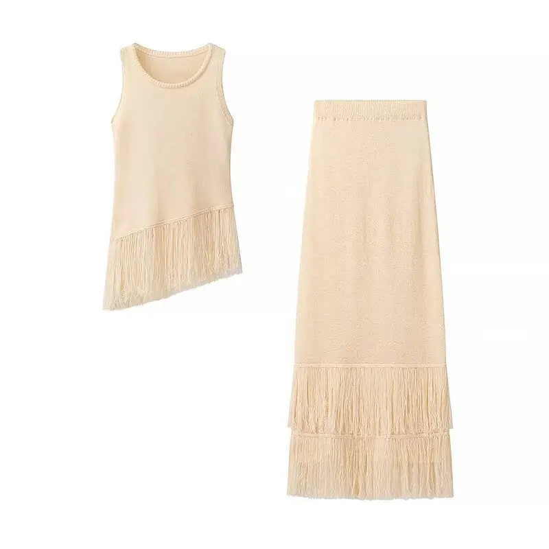 

Французский элитный топ без рукавов с бахромой и круглым вырезом, модный женский костюм с кисточками и длинной юбкой, модный вязаный топ на бретелях с юбкой