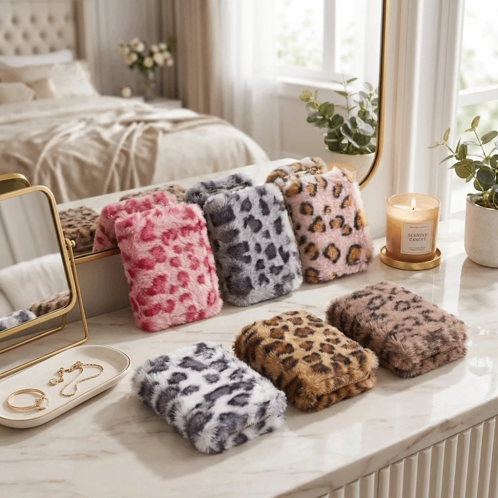 Cute Furry Leopard Print Coin Purse Soft Large Capacity Zipper Wallet Multi-Card Slot Travel Organizer Storage Bag Women
