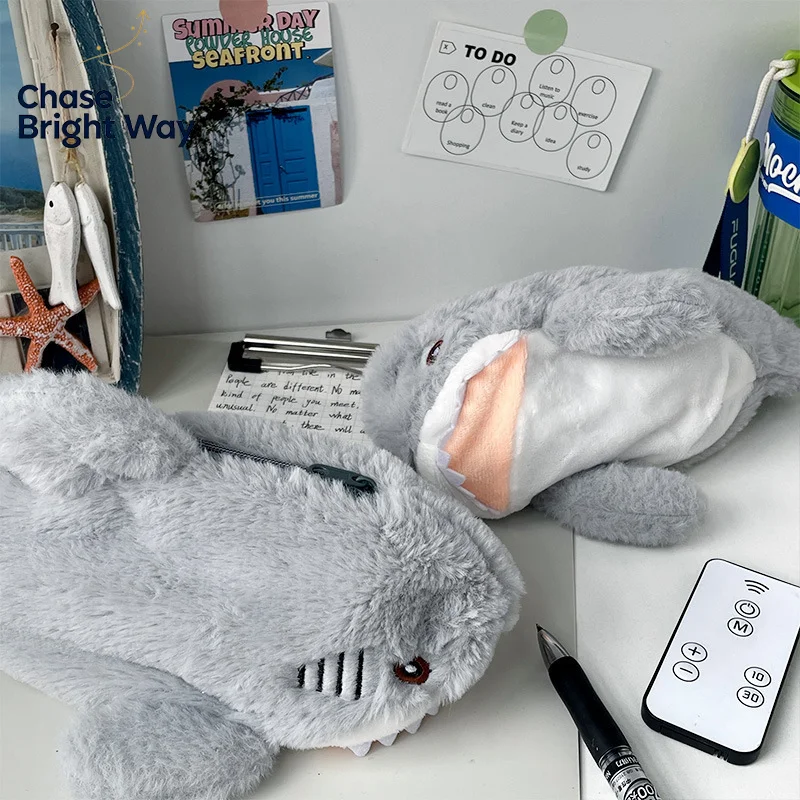 Cute Plush Shark Shaped Pencil Case Multifunctional Cosmetic Pouch Large‑capacity Stationery Storage Pouch for Daily Use