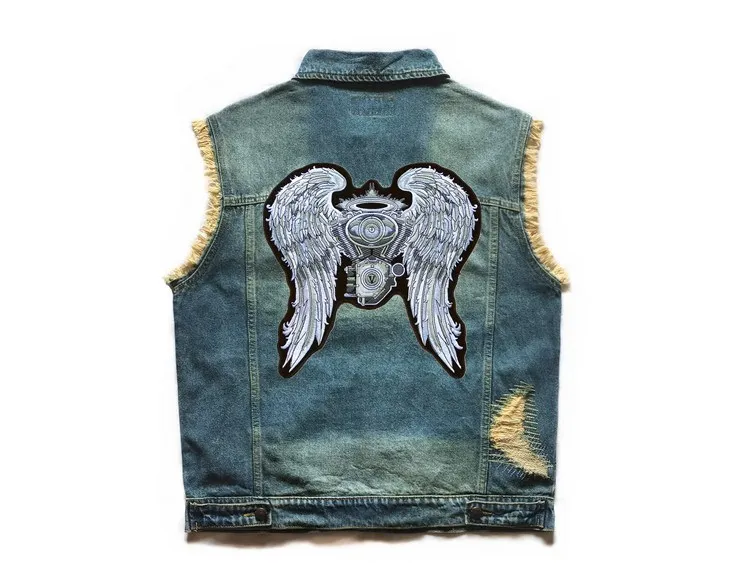 Embroidered Denim vest cowboy blue Jeans Patchwork Motorcycle Biker Jeans Sleeveless jacket punk Cowboy Fashion vest 6XL