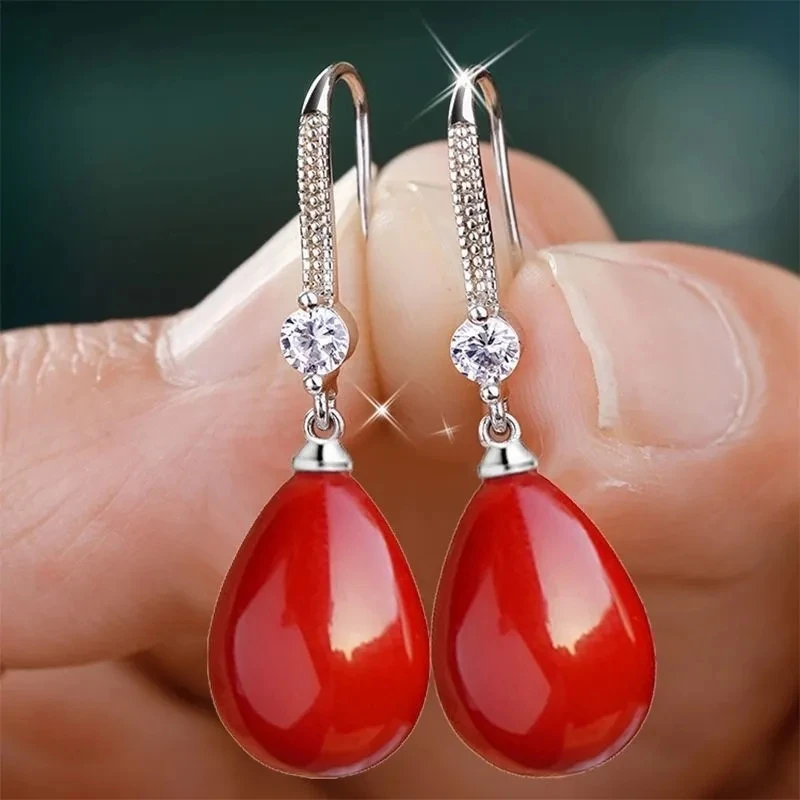 Exquisite Fashion Silver Color Water Imitation Pearls Drop Earrings for Women Shiny Red Green Round Earings Jewelry Gift 2023