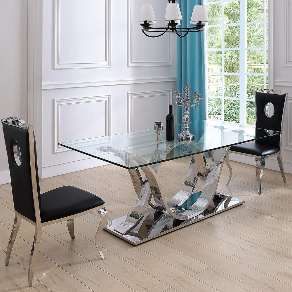 Modern dining room furniture stainless steel design 12mm thick tempered glass 8 seater modern dining table set