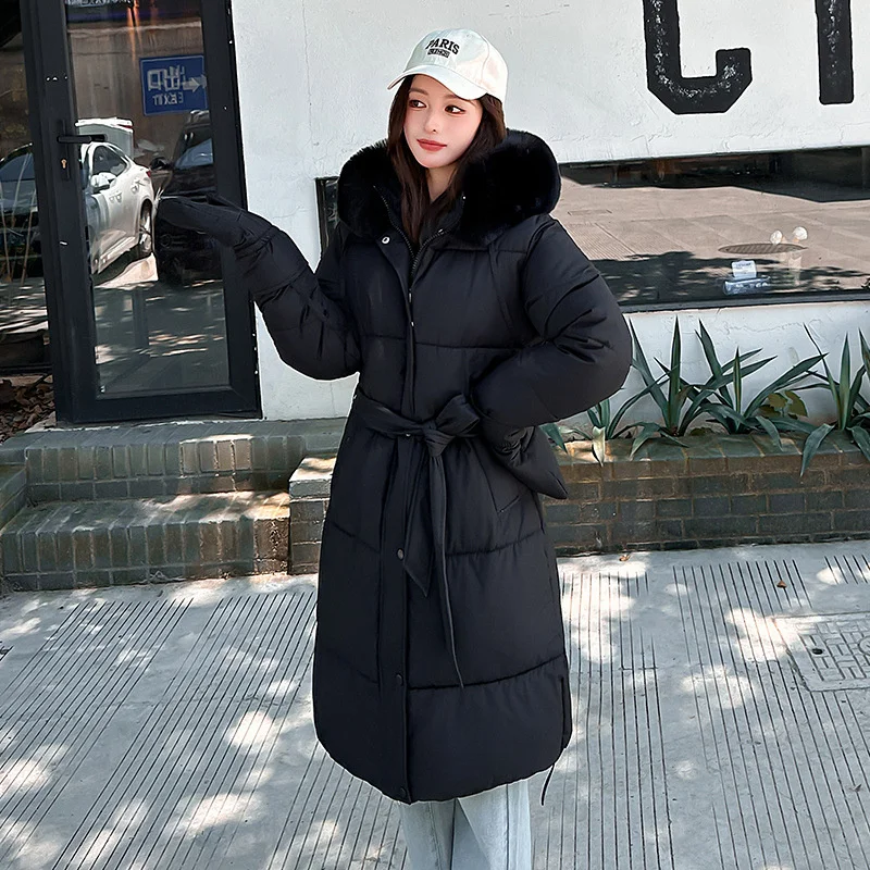 2025 luvas de jogo streetwear inverno longo parkas roupas femininas acolchoadas de algodão gola de pele casacos com capuz faixas jaquetas quentes finas