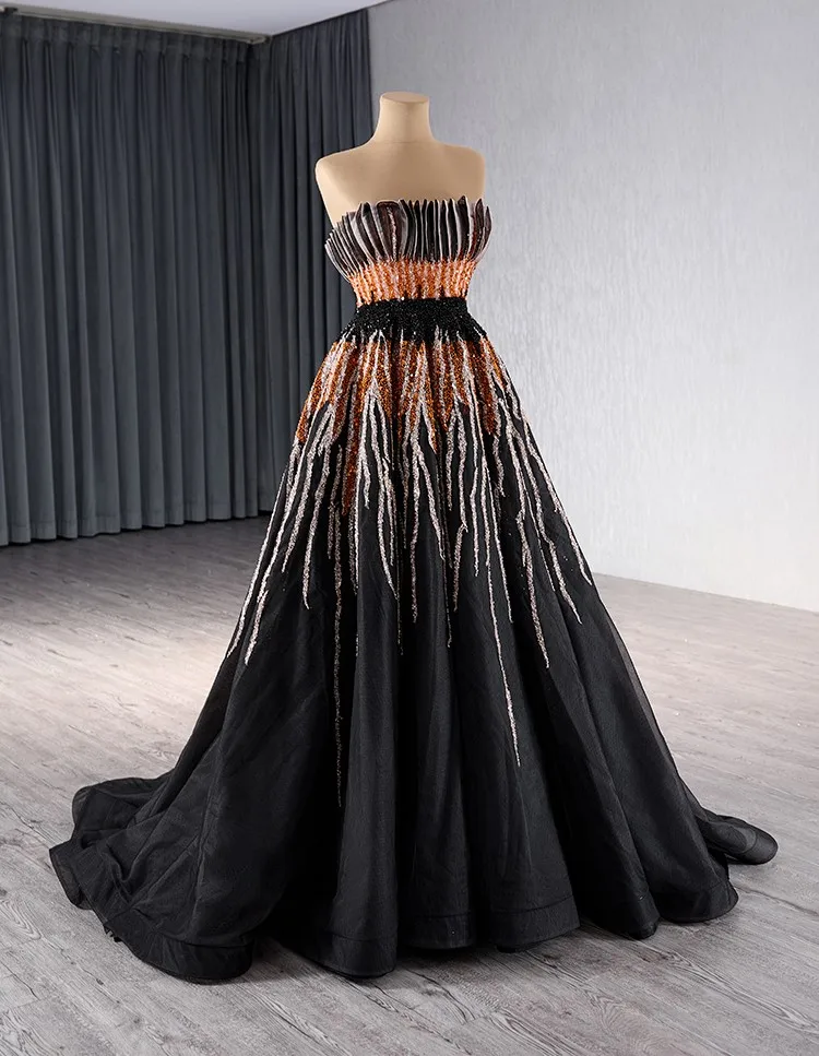 

Black and orange Evening dress, beated ball gown, bustier dress