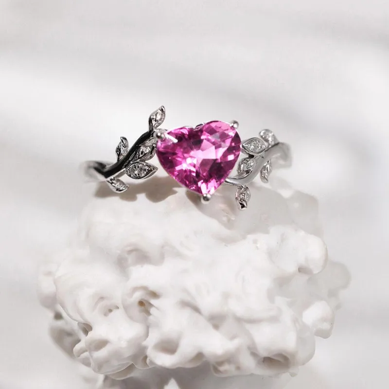 Love Heart Red Ruby Gemstones Diamonds Rings For Women Artistic Ceaves Design Irregular Finge Bands White Gold Silver Jewelry 4
