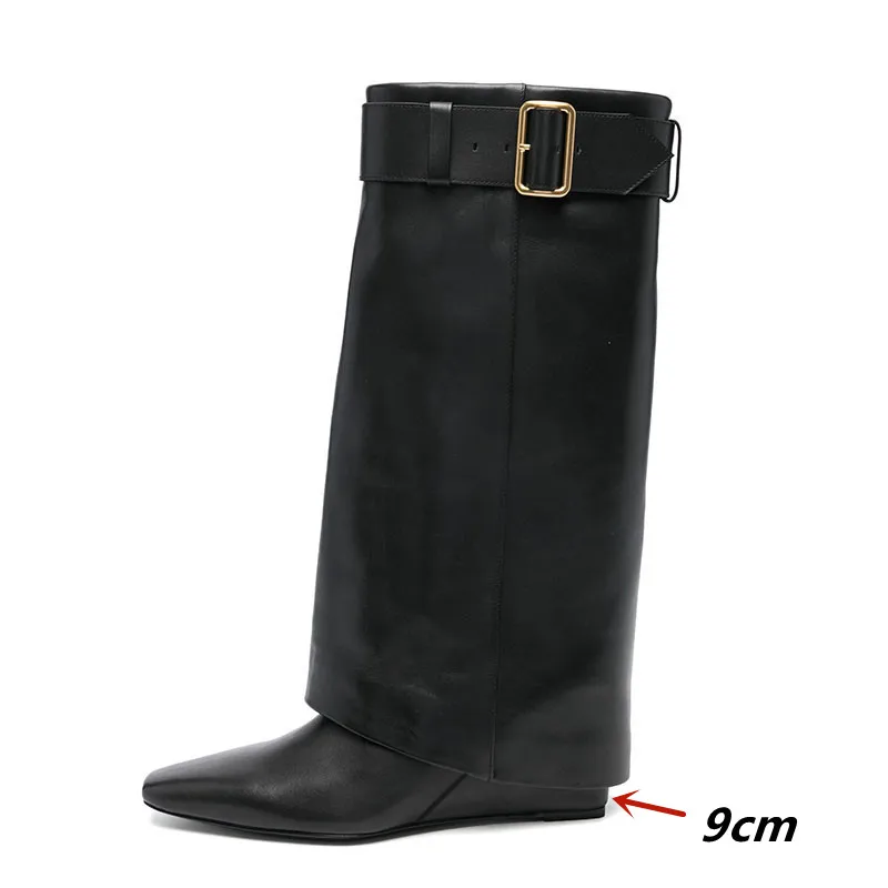 European and American Fashion Small Square Toe Slope Buckle Belt Pants Boots Women's Retro Straight Tube Sleeve Boots