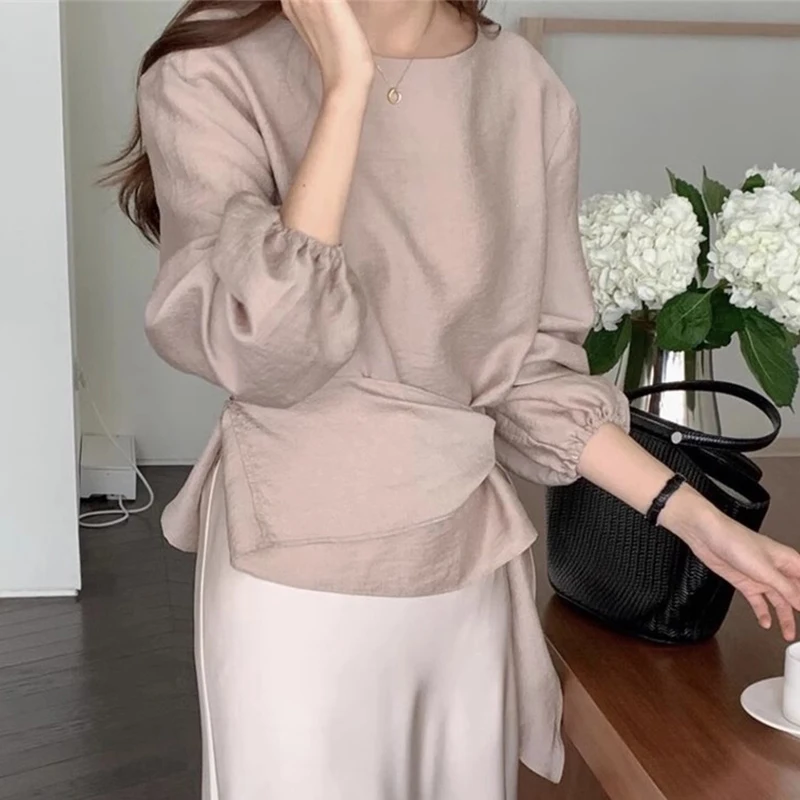 Side Lace-up Design Shirts & Blouses 2024 Woman Blusas Puff Long Sleeve Ropa Mujer Round Neck Camisas Korean Simple Blusa