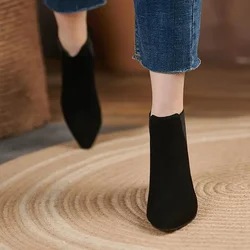 Retro Faux Suede Chelsea Women's Boots Pointy Toe Square Block High Heel Short Ankle Boot Woman Dress Office Shoes Size