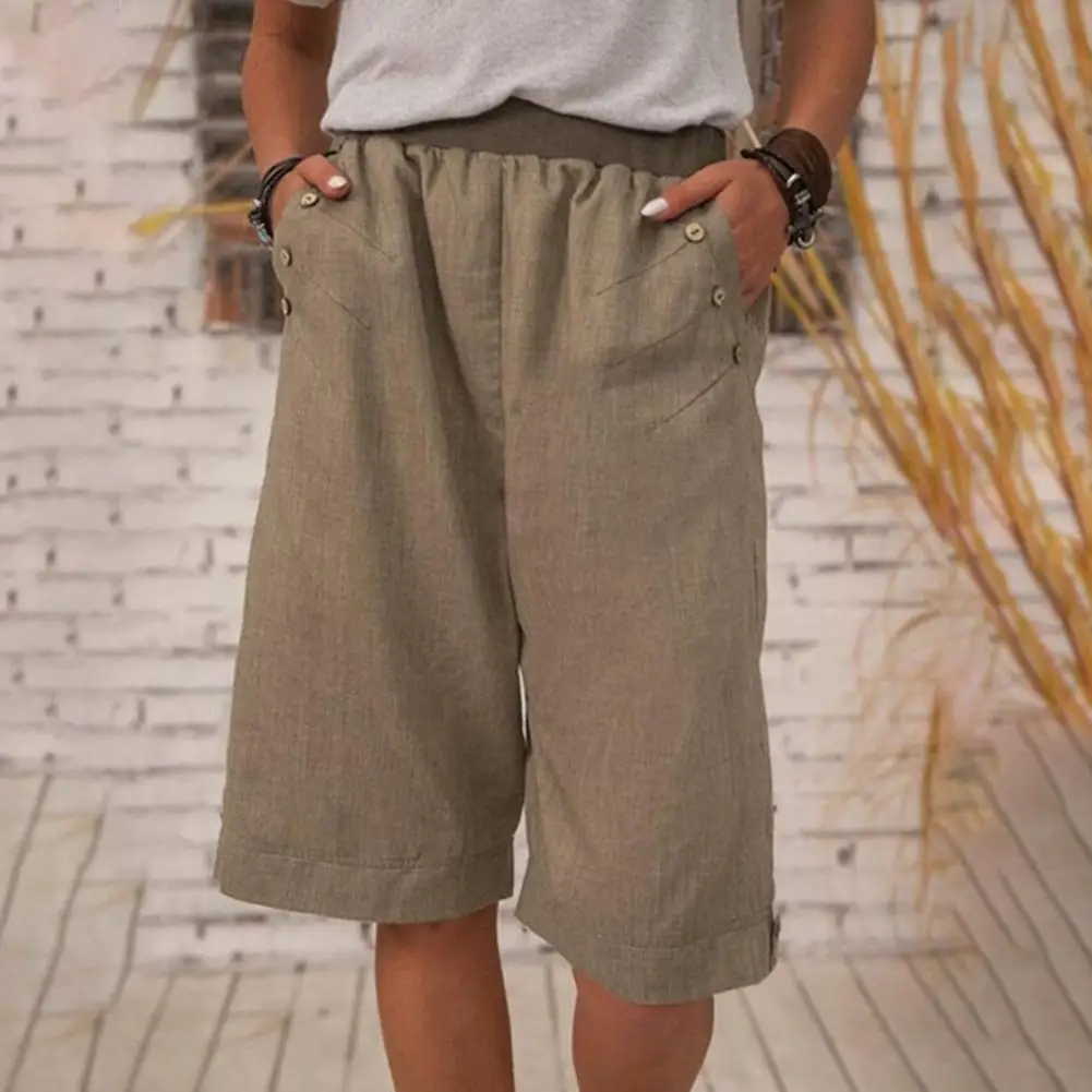 2026 Women Sporty Bottoms Summer Shorts Elastic Waist Mid-rise Sporty Style Shorts Solid Color Straight Wide Leg Shorts 80%