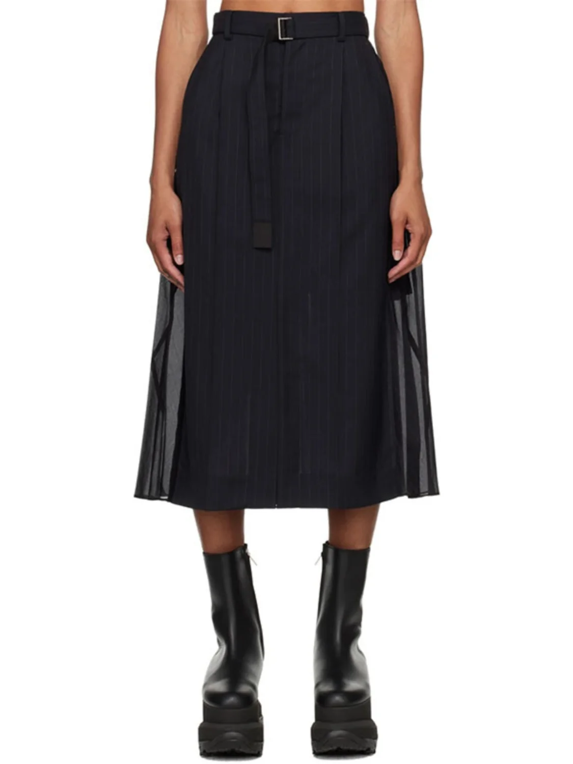 

Tokyo Pioneer Design High Waist Pleated Skirt with Belt Narrow Stripe Half-length A-line Silhouette Commute Style Ladies' Skirt