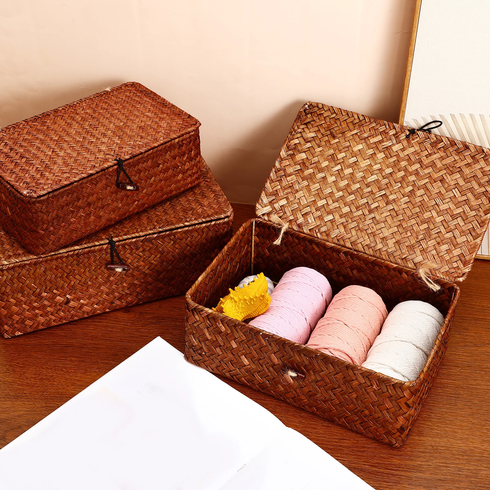 

3Pcs Seagrass Storage Box Basket Lid Desktop Organizer Sundry Cosmetics Household Woven Storage Rattan Furniture