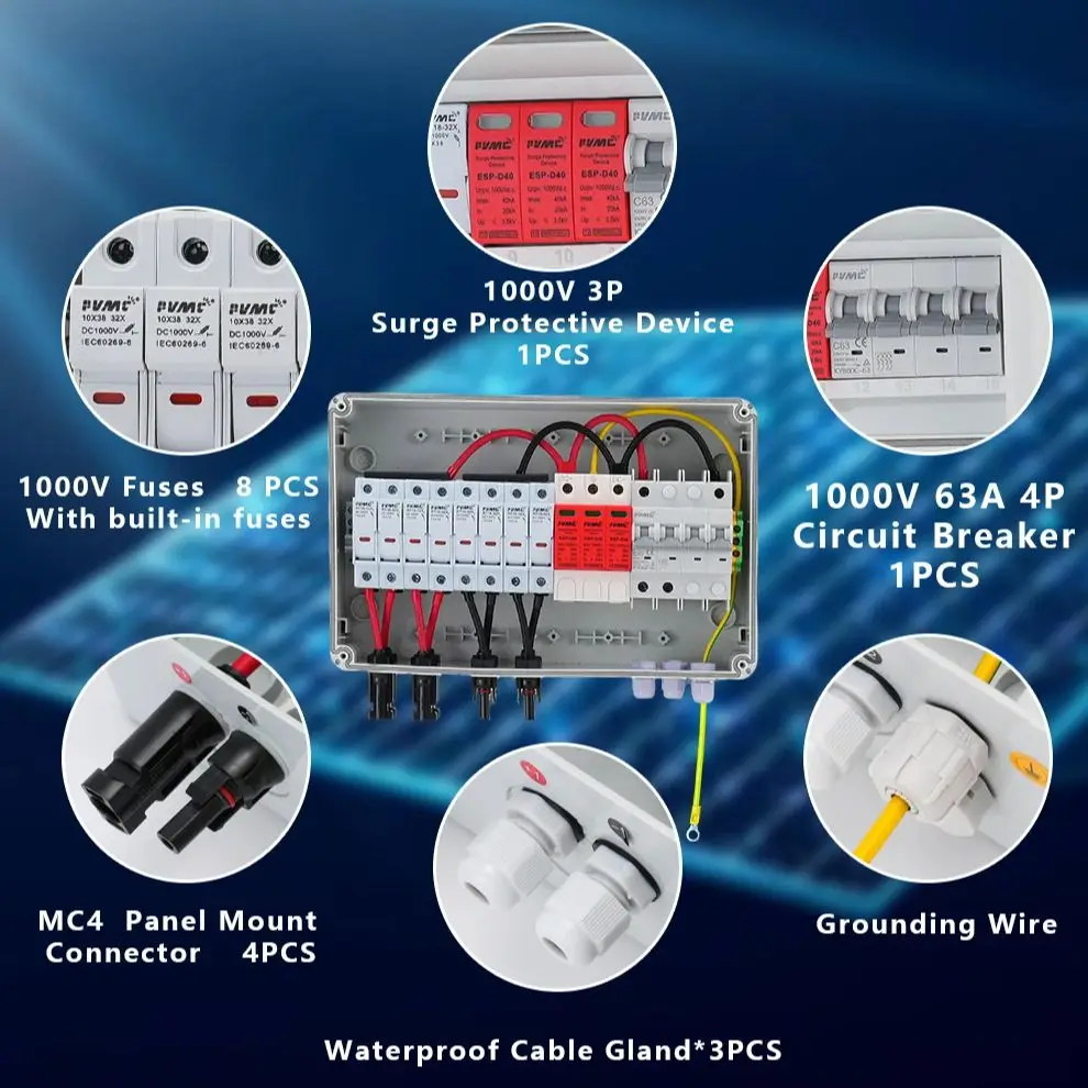 HT 1000V 4-in 1-out Solar PV DC Combiner Box with Fuse, SPD & Circuit Breaker