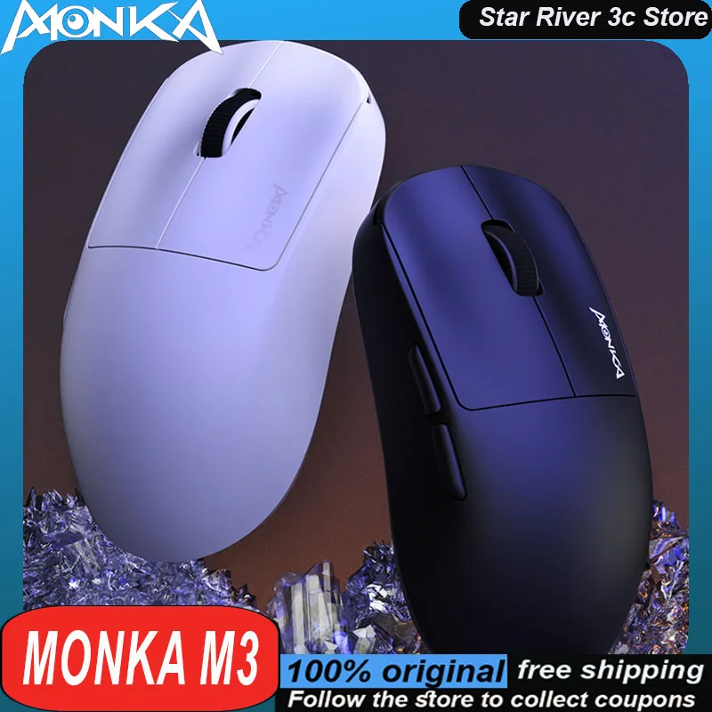 

Беспроводная мышь Monka M3 Bluetooth Tri Mode Paw3395 Легкая эргономика с длительным сроком службы батареи Индивидуальная игровая мышь для ноутбуков