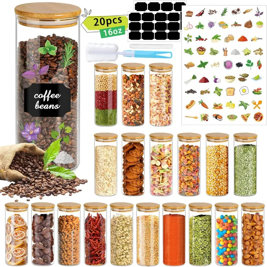 

16 oz 20 pcs Glass Jars with Bamboo Lids Stackable Clear Food Storage Jars Airtight Kichen Glass Pantry Storage Containers with