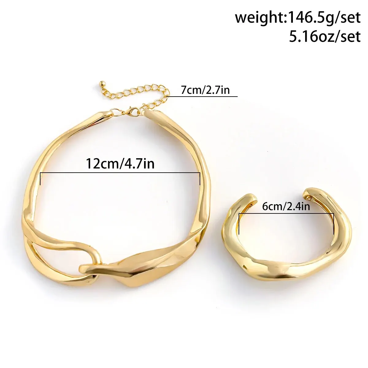 2Pcs Exaggerated Chunky Heavy Metal Big Torques Necklace Women Punk Irregular Open Cuff Bangles Grunge Jewelry Set Steampunk Men