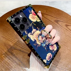 Fashion Peony flower pattern Ring Holder Phone Case fo iPhone 15 14 13 12 11 pro max women's protective case With ring