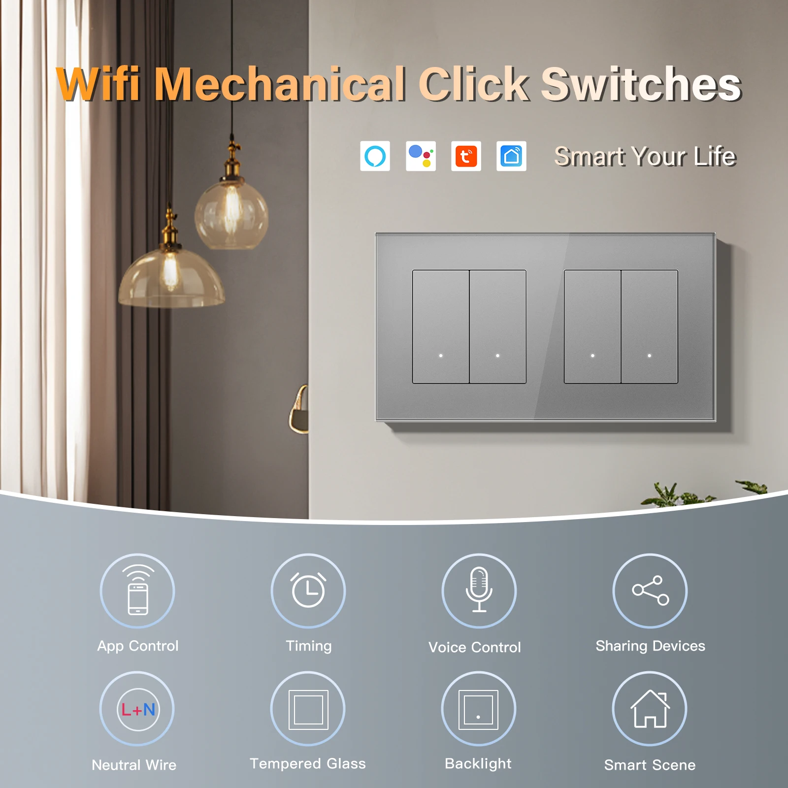 BSEED WIFI Click Switches Series 1/2/3/4Gang Wall Smart Light Switches Yellow Backlight Glass Frame Tuya APP Switch EU Standard