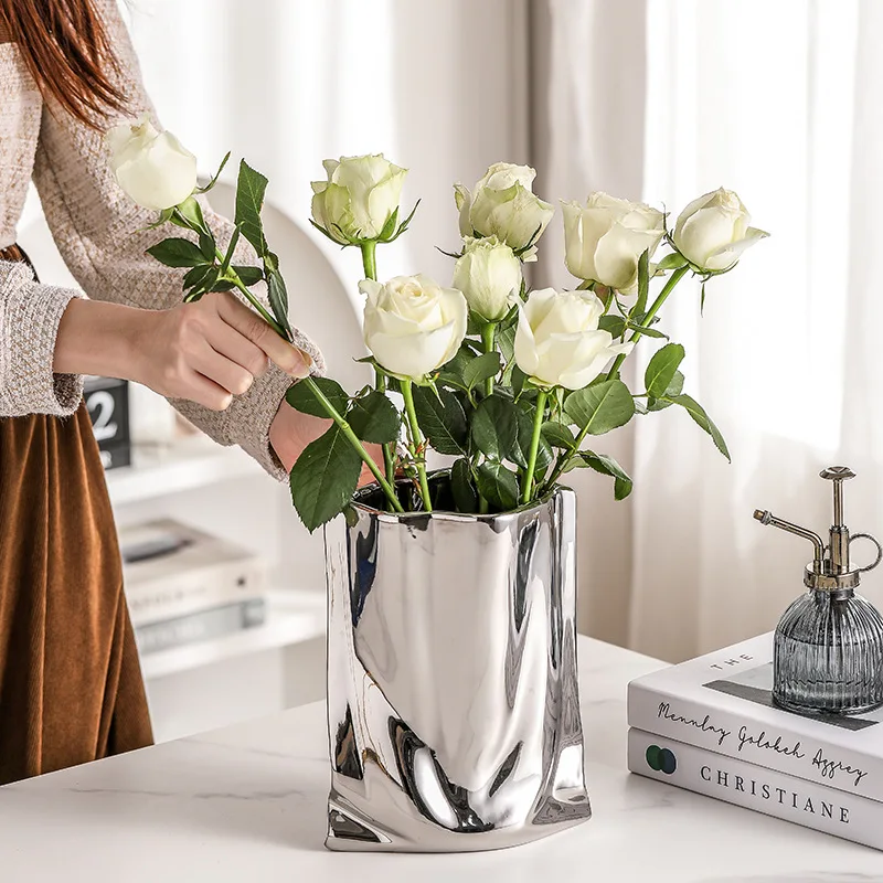 Modern Ceramic Pleated Electroplating Vase Hydroponics Flowers Dried Flowers Living Room Decoration Creative Home Decoration