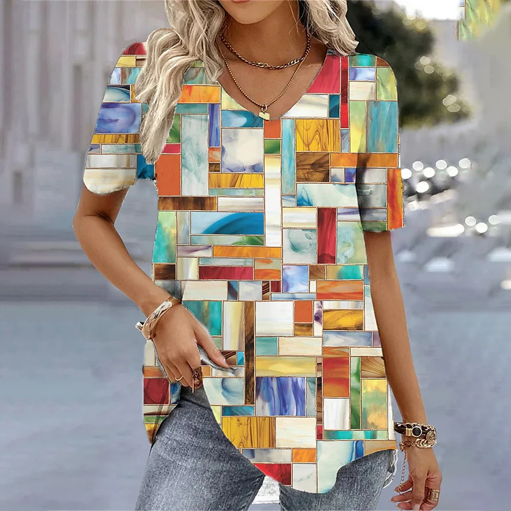 Camiseta de verano con cuello en V para mujer, Top informal holgado a rayas, ropa de calle con estampado divertido, Jersey