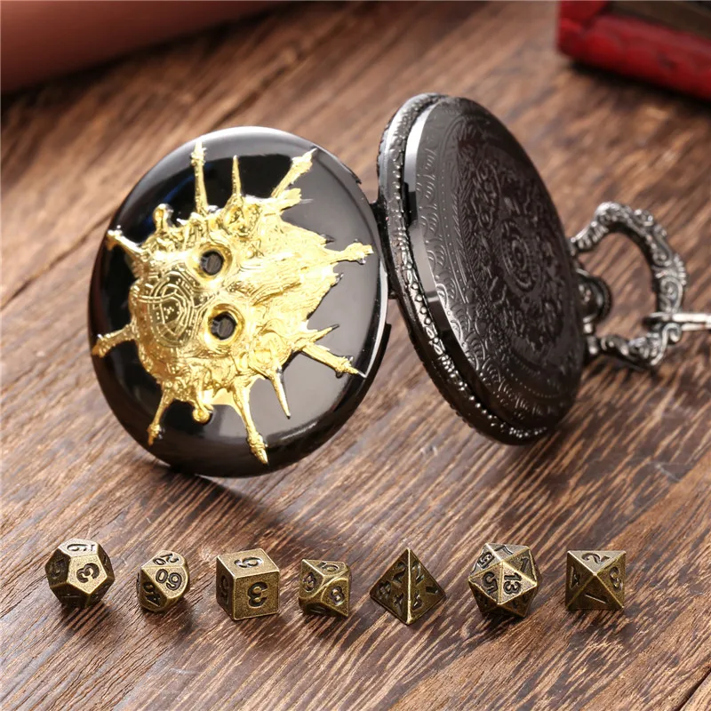 Kreative 7 teile/satz Metall Gaming Würfel mit Schädel Muster Taschenuhr Fall FOB Kette Drachen Spiele Würfel für Unterhaltung