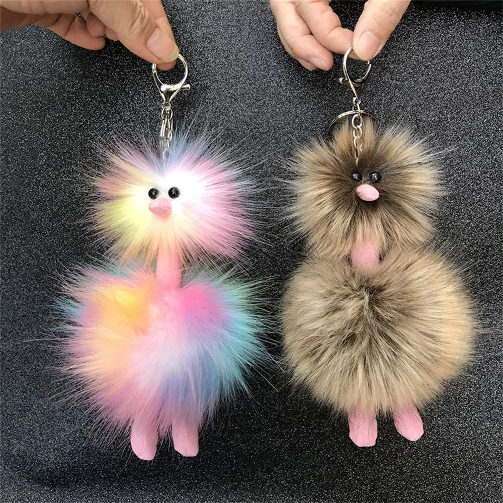 Doll Ostrich Pendant Plush Keychain Cute Colorful Fur Ball Backpack Key Ring Creative Women 2025 Xmas New Years Gifts 1PCs