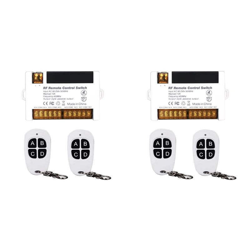 

2X 4 Channel Wireless Relay Remote Control Switch 433.92 Mhz RF AC90-250V 10A Relay Receiver With 4 Remote Control