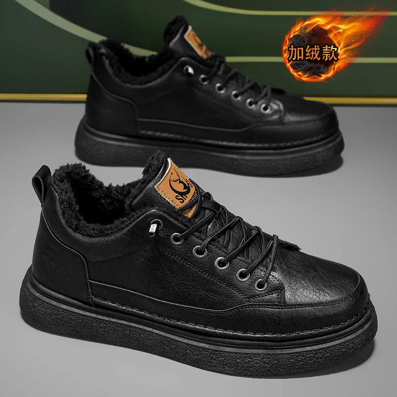 Men Winter Fleece Lined Casual Shoes Thick Warm Plush Inner Suede Leather Upper Non-slip Thick Sole Lace Fashion Daily Walking