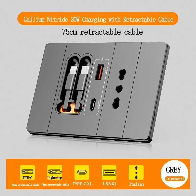 118-Type Wall Socket, Italian/Chilean 16A Round Hole Power Strip, USB Type-C 20W Charging Panel With 75cm Retractable Cable