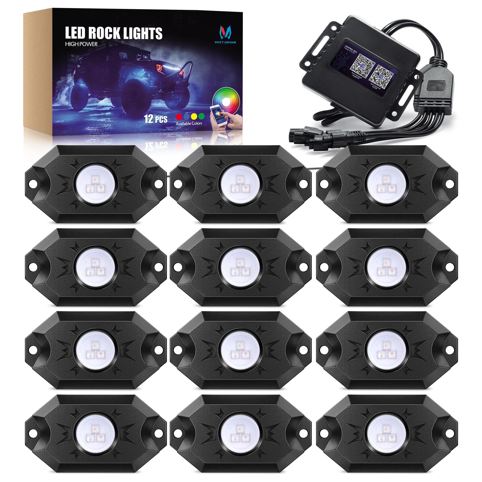 MICTUNING Upgraded CM RGB LED Rock Lights Kits 12 Pods Multicolor Neon Light Waterproof Underglow Lighting Kit with APP Control