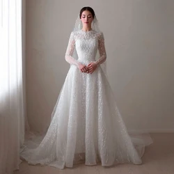 Customized White Tulle O-neck A-line Wedding Dress Draped Sweep Train Full Lace ILLUSION Sleeves Party Bride Gown