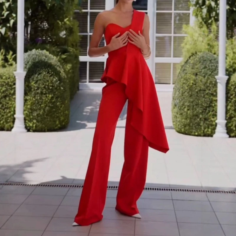 

Сексуальная блузка с диагональными плечами и длинные брюки, женский элегантный однотонный костюм нестандартной формы, модный карман без рукавов, комплект из 2 предметов