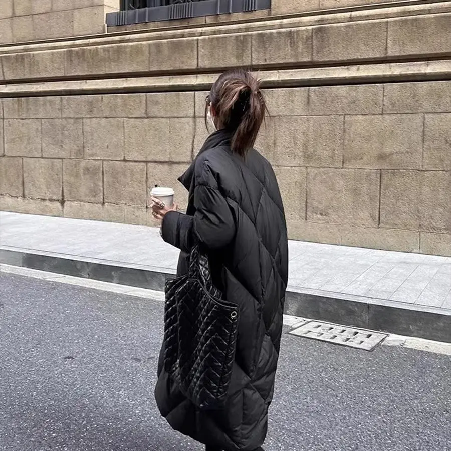 黒キルティングダウンコート女性の冬の韓国スタイルルーズロング肥厚小型スタンドカラー 90 ホワイトダックダウン