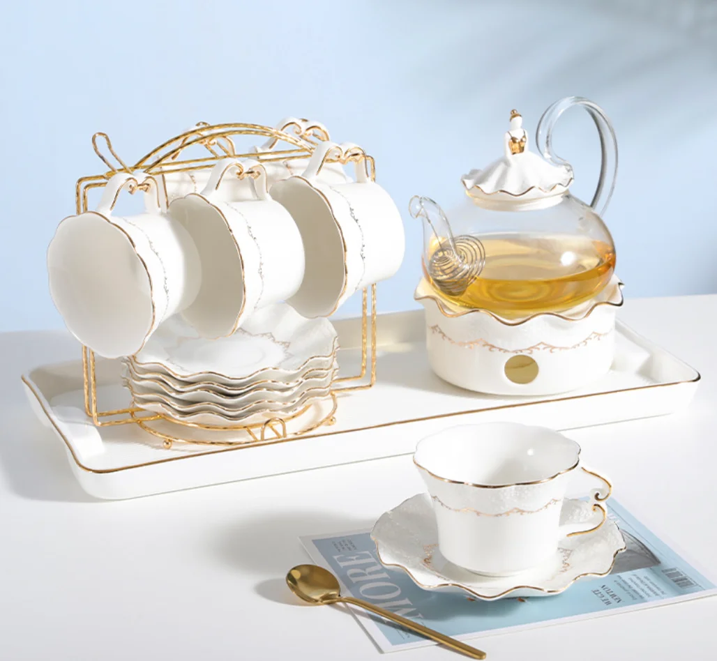 Nordic Light luxury teapot set with tray candle heating glass teapot ceramic cup gift coffee cup and dish