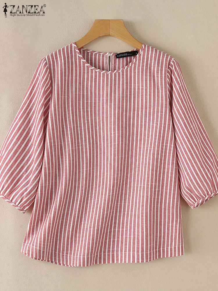 ZANZEA-Camiseta de trabajo elegante para mujer, blusa estampada a rayas, Blusas informales holgadas para vacaciones, Tops holgados de manga 3/4 con cuello redondo a la moda