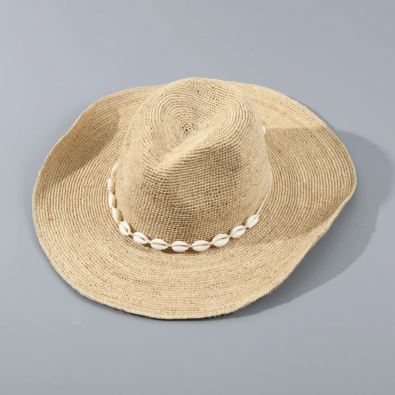 Amazon High End Hand Crochet Rafia Cowboy Hat with Shell, Panama Straw Beach Sun Cap