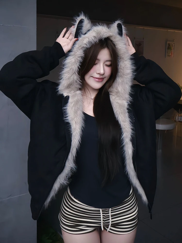 

American Retro Ear Hooded Thiened Cotton Jaet ex Cleanfit Versatile Cotton Clothing Couple Outerwear Warmth Youth...