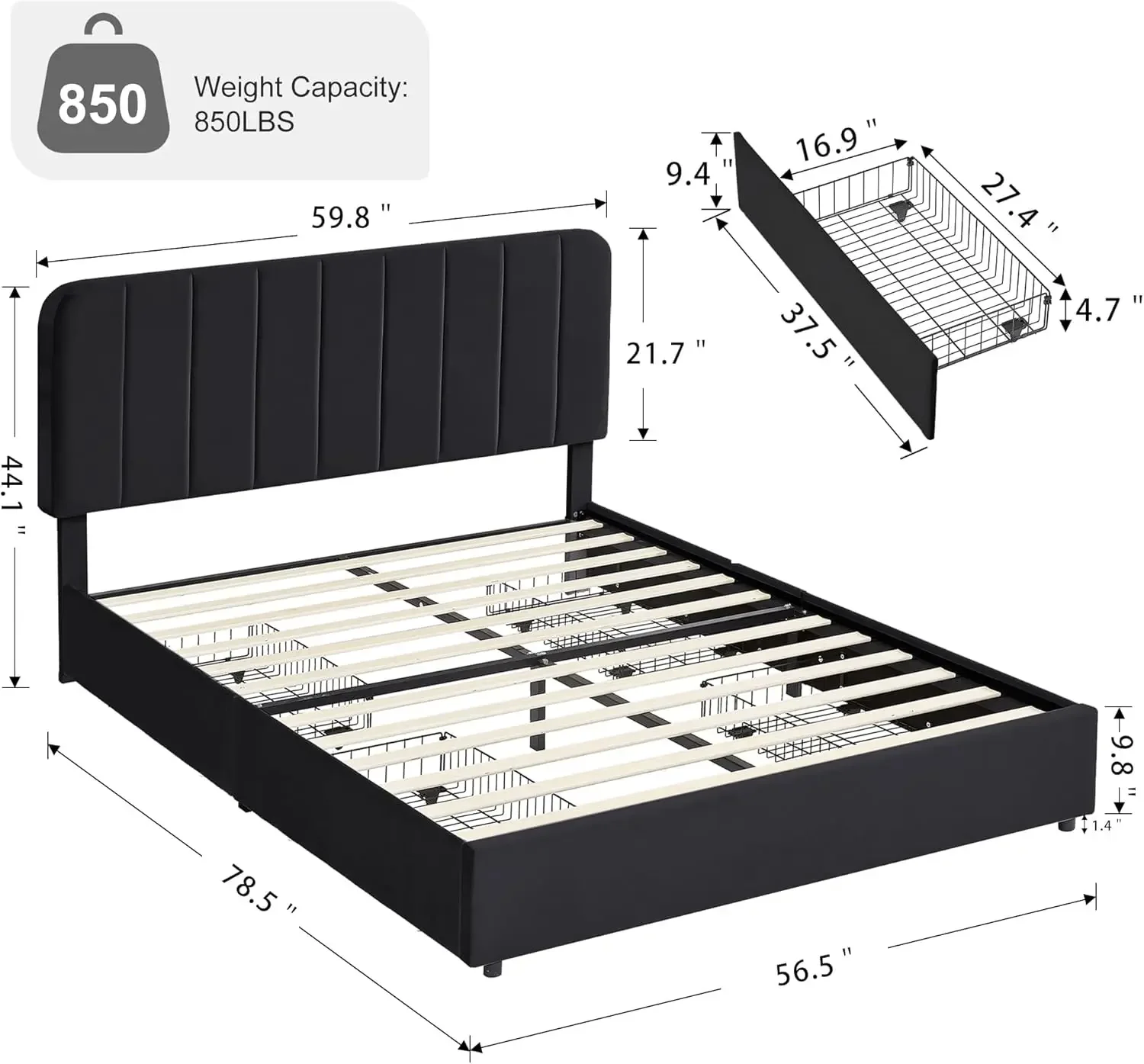 Full Size Upholstered Bed Frame with 4 Drawers and Adjustable Headboard, Velvet Platform Storage Mattress