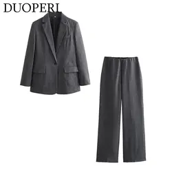 DUOPERI Women Fashion 2 Pieces Sets Basic Grey Business Blazer and Trousers Female Chic Lady Outfits and Pant Coordinates