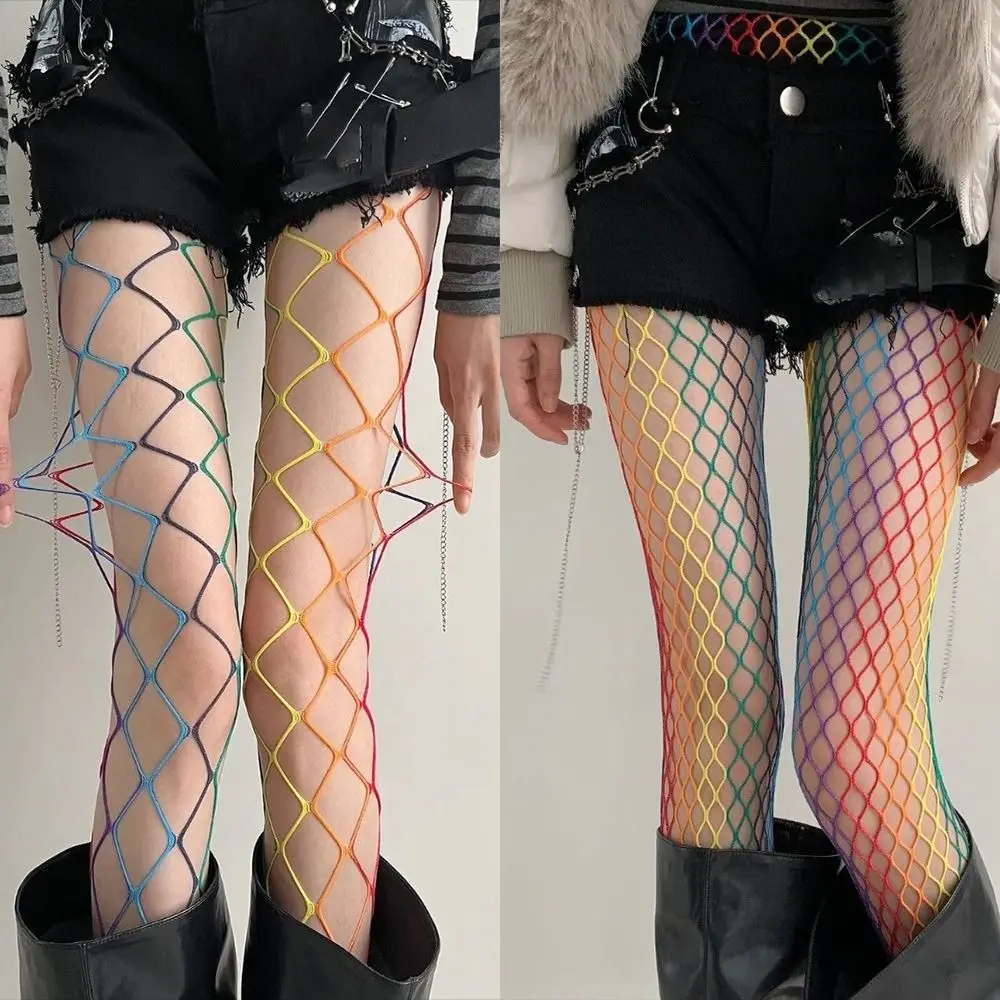 

Sweet Cool Dopamine Rainbow Fishnet Stockings Gradient Y2K Sexy Pantyhose High Waist Fishnet Socks Spicy Girls