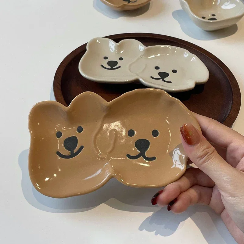 Cartoon Ceramic Plate Cute Dog Bear Shaped Plates Seasoning Pot Barbecue Sauce Flavor Dishes Home Creative Snack Dessert Plate