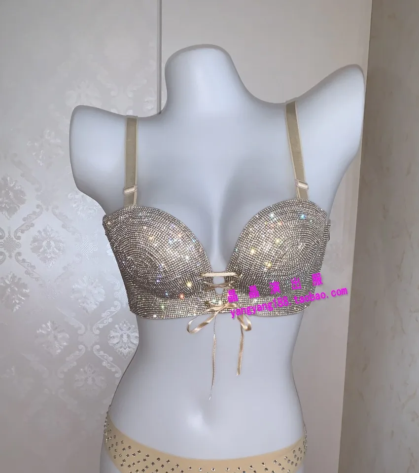 Aangepaste dikke bikini sprankelende diamant podium bh set ondergoed paaldansvoorstelling zwart goud rood roze