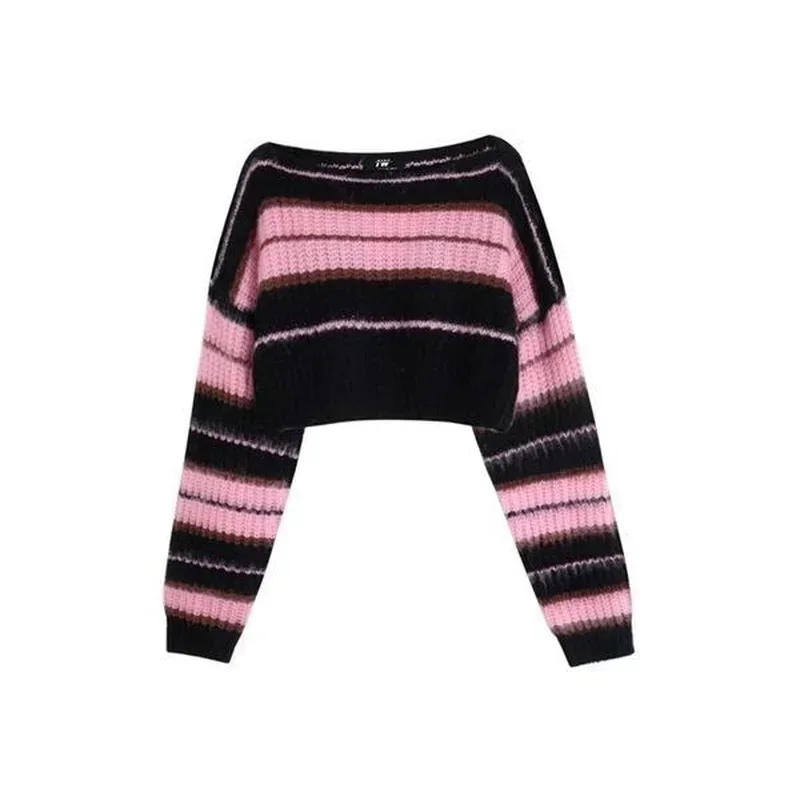 Y2K Korean Style Pink Cropped Sweater Women Striped Jumper Vintage Female Autumn Long Sleeve Crewneck Pullovers Casual Tops