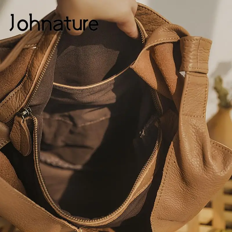 Johnature Casual Commuter Women Bag Genuine Leather 2024 New Versatile Large Capacity Soft Real Cowhide Shoulder Bags