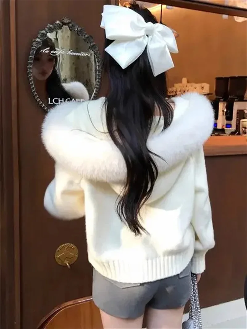 

Модный меховой вязаный свитер с капюшоном, женский новый осенне-зимний шикарный повседневный кардиган на молнии с длинными рукавами, верхняя одежда, теплый трикотаж